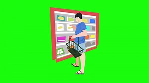 2d animation of people shopping at supermarket. Man standing while choosing products to buy. Green screen. Flat illustration style.