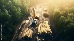 A large excavator move timber log at the forest, stacks of timber log at the forest, Ecological damage and deforestation concept