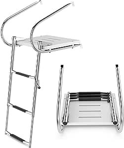 IRONMAX Boat Ladder with Platform, Outboard Swim Fiberglass Platform with 3 Stainless Steel Steps, 500LBS Load Capacity, Folding Telescoping Dock Ladder for Pool, Marine Boarding, Yacht