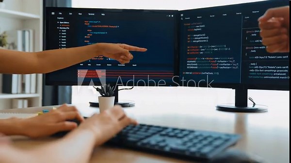 Slow motion back end software developer engineer for computer programming working together on debugging writing computing code, solving complex algorithms display on monitor in office. Burgeoning