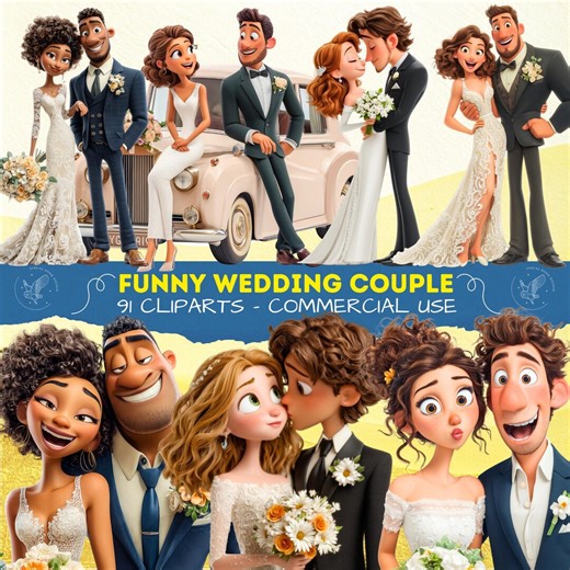 91 Funny Wedding Couples Clipart, Cartoon Marriage PNG, Bride and Groom for Invitations, Scrapbooking, and DIY, Quirky Couple in Love