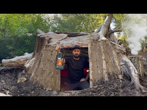 Building a Warm Secret Shelter Under a Fallen Tree | Bushcraft & Survival