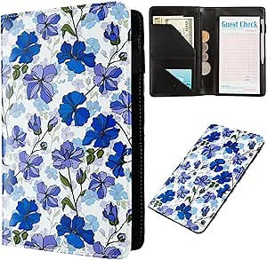 Server Books for Waitress,Cute Pocket Leather Money Organizer Wallet Note Pad Cash Bill Restaurant Guest Check Book Holder Pocket Presenter Fit Server Apron Waitress Book (Blue flower)