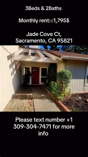 HOUSE FOR RENT 3 Beds & 2 Baths Rent::1,795$/Mo 📐1,447-Sqft Security deposit:::800$ 📍 2913 Jade Cove Ct, Sacramento, CA 95821 Contemporary home in a park-like setting located in Sacramento, CA. This three-bedroom, two-bath residence features new paint throughout and new carpet, offering a fresh, move-in-ready interior. Custom tile adds a distinctive touch, and the backyard oasis provides a private outdoor space for relaxation and entertaining. Thoughtfully updated and well-presented, this home