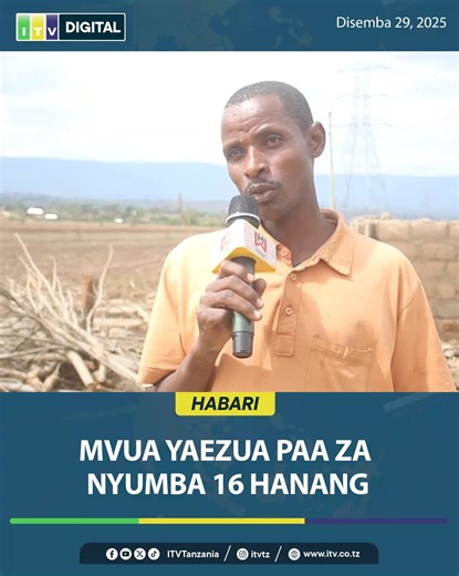 #HABARI: Nyumba 16 zimeezuliwa paa katika Kata ya Masakta, wilayani Hanang, mkoani Manyara, kufuatia mvua kubwa iliyonyesha ikiambatana na upepo mkali na kusababisha uharibifu wa mali katika kaya mbalimbali pamoja na Kanisa la FPCT. Powered by #MCHEZOSUPA JINSI YA KUSHIRIKI MCHEZO SUPA: - Tuma 1000 kupitia Airtel Money, Tigo Pesa, M - Pesa, Halopesa, kwenda namba ya kampuni 222223 kumbukumbu namba ni 777 au weka neno ITV. #ITVDigital #ITVUpdates #ITVTanzania Follow @itvtz @radioonetanzania @capi