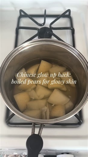 Chinese Boiled Pears with Honey (蜂蜜炖梨) My mom is somewhat of a skincare guru and she used to make this for us every morning in the winter 🍯🍐 Ingredients (1–2 servings): \t•\t1 large Chinese pear (snow pear or Asian pear recommended, snow pears are my fav) \t•\t1–2 cups water \t•\t1–2 tbsp honey Steps: 1. Wash and prep the pear (you can peel it but I keep the peel for extra fiber) 2. Cut into chunks/wedges 3. bring a pot of water to boil 4. Add in pears 5. Cover and simmer for 20–30 minutes, un