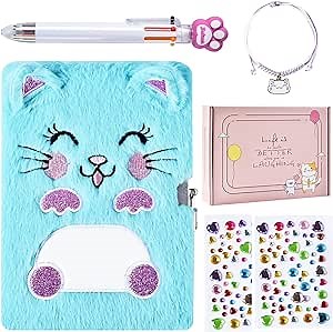 Diary for Girls with Lock and Keys, Kids Journal Travel Notebook for 6-10, Cute Secret Dream Diary with Multicolored Pen, Stickers, Practical Gift for Birthday, Christmas (B Smile Cat)