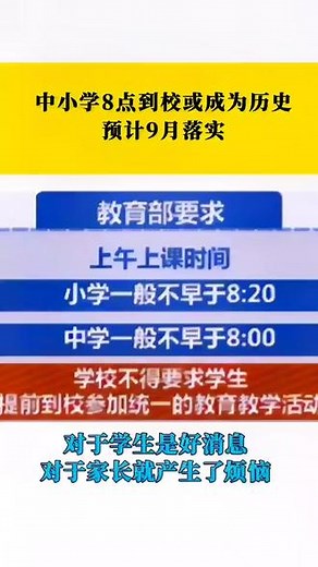 中小学生的作息时间得到了调整。规定小学生到学校的时间不能早于8:20，中学生到校时间不能早于8:00，这对于孩子来说有了充足睡眠，对于双职工家庭就要做好调整，避免影响自己工作，不知大家怎样看待减负延迟到校#教育#小学#中学#双减 #家长 #同城