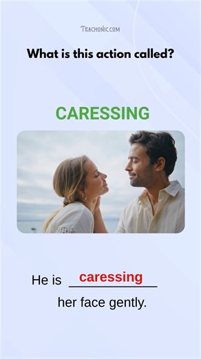 Do you know these gentle touch action words in English? 🤍 Most learners say touch — but English has precise verbs for every action. Learn today: Cupping – holding hands curved to drink Nuzzling – rubbing gently with face or nose Caressing – touching softly with affection Stroking – moving hand gently Massaging – rubbing to relieve pain QUIZ TIME “I’m gently rubbing someone’s back to reduce pain.” Comment your answer and follow Teachonic for daily English learning. #learnenglish #spokenenglish #