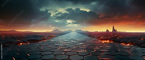 3D depiction of hexagonal skin barrier defense, flat stormy sky background for drama,