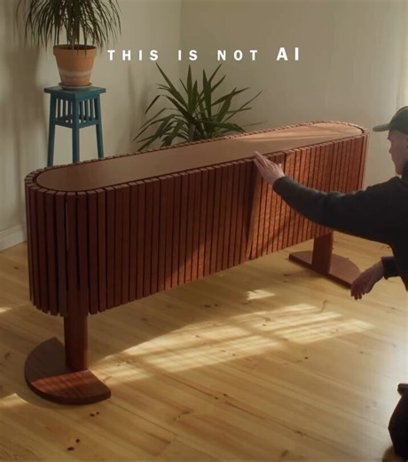 A kinetic wave cabinet that opens and closes using magnetic field, no motors or batteries known as the wave Designed by Simon Lindberg it features a walnut veneer finish and creates smooth, flowing motion through hidden magnetic mechanics.