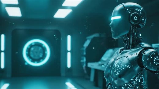 Animation Cinématique 3D futuriste d'un robot IA scannant des données