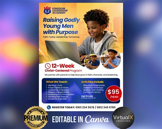 Christian Youth Program Flyer, Church Youth Ministry, Boys Leadership Program Poster, Faith Based Kids Program, Enrollment Canva Template - Etsy