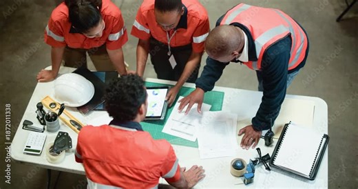 Architect, team and discussion with blueprint, planning and above with insight for construction proposal. People, technician and engineer with group, tech and collaboration for building project