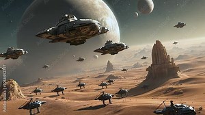 Futuristic space battle scene with multiple warships and flying crafts engaging in combat over a desert alien planet, symbolizing an intergalactic war in a distant galaxy.