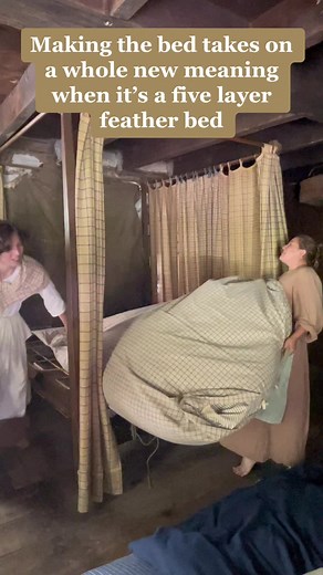 Our rope bed is topped with four tickings filled with rye straw and feathers, making foe the most satisfying bed flop ever! #quietvalley #farmmuseum #livinghistory #history #museum #stroudsburgpa #lehighvalleypa #learningaboutthepast #ropebed #bed #featherbed #makemybedwithme