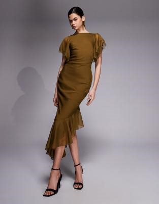 ASOS DESIGN high neckline midaxi dress with flutter sleeve and asymmetric hem shape with lace trim detailing in olive | ASOS
