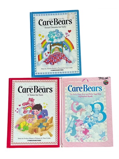 Vintage Parker Brothers Care Bears Hardcover Books (3) Used A Tale from the Care Bears “A Sister for Sam” 1983 “Sweet Dreams for Sally” 1983 Care Bears ”Baby Hugs Bear and Baby Tugs Bear Alphabet Book” 1984 All in used condition. Including rubbed corners, page wear, & spine wear. Flaws noted below & in photos: -“A Sister for Sam” one page has coloring. Only noted on the one page. - “Sweet Dreams for Sally” Writing on inside front cover, including a date & names. One page has a dog ear mark that