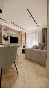 ✨ Ciepłe wnętrze pełne harmonii Nowoczesny salon z aneksem kuchennym i funkcjonalnym przedpokojem w jasnych tonach beżu, drewna i delikatnej zieleni. Naturalne światło, miękkie tkaniny, subtelne oświetlenie i detale, które tworzą przytulny klimat. Przestrzeń zaprojektowana tak, by była lekka, spójna i komfortowa – idealna do codziennego życia i odpoczynku. 🤍 Projekt i wizualizacje: Fabryka Projektów – Projektowanie wnętrz online | Fabryka Projektów - Projektowanie wnętrz