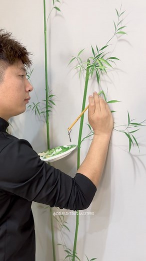 519K views · 12K reactions | Oil painting mural by artist Li Sheng (Douyin) — a graceful bamboo mural painted with elegant brush control and smooth, natural transitions. The artist captures the calm rhythm of traditional brushwork while blending it with a fresh, contemporary finish. Artist: Li Sheng (Douyin) #oilpainting #muralart #wallart #fineart #paintingprocess #bambooart #artinspiration #traditionalart #contemporaryart | Oil Masters | Facebook