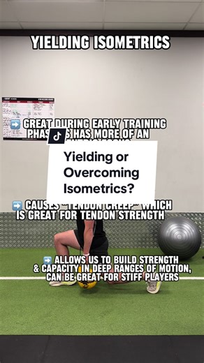 Isometrics Both are extremely beneficial for footballers. Yieldings are great for improving work capacity and eccentric strength. These are generally done with longer periods. However, I do really like loading these heavy af to build crazy strength with less fatigue. However start with light longer periods first then increase weight and decrease time Longer period yielding plyometrics also cause the tendon to lengthen really slowly while the muscle stays the same length which is called “Tendon C