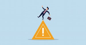 Download 4k Mistake caution animation, business risk or problem warning, cautious businessman slip falling on exclamation symbol beware, careful caution sign. for free