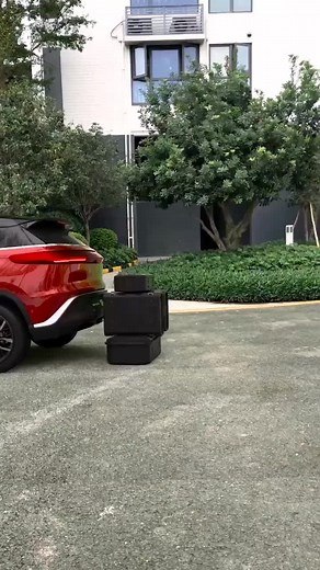 Robotic Arm Interacts with Black Suitcase in Scenic Park