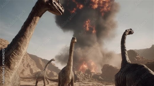 Long-necked dinosaurs roam a rocky desert as a volcanic eruption erupts behind them, blasting smoke and lava into the sky.