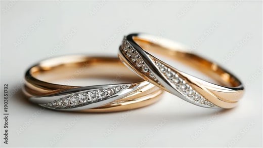 Wedding rings showing unique design with gold and silver bands set against a plain background captured in bright light
