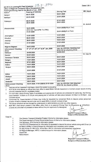 RLA DEHRA DRIVING TEST AND PASSING SCHEDULE JANUARY 2026