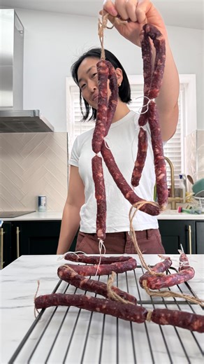 Betty on Instagram: "Celebrating ‘being Chinese’ with lap cheong 腊肠 (Chinese salami) Makes 15 - 25 sausages depending on size * Pork belly 1kg - the fattier the better, remove the skin * Salt 20g * Sugar 30g * Light soy 20g * Strong alcohol (50%+) 20g, if using vodka double to 40g * Water 100g * Red yeast powder OPTIONAL - for the colour - 3g Equipment needed * Sausage casings * Sausage machine * Thin string * Pin Recipe * Remove the skin from the pork belly and chop into rough chunks. Throw int
