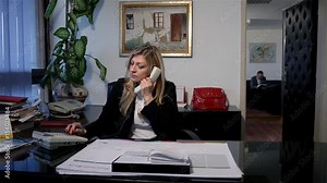 The angry boss and provoking business female secretary, action movie scene.