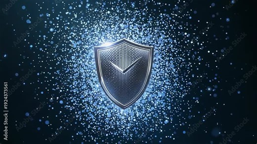 Growing particle cloud driving metal shield sharpening, revealing chevron, glint in navy, blue halo