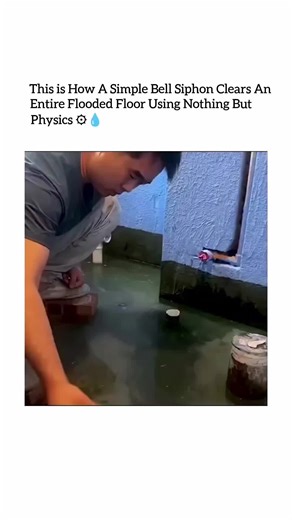 FUNNY SHORT CLIP on Instagram: "🤯 Watch Physics in Action: Bell Siphon Clears a FLOOD! This is how a simple Bell Siphon clears an ENTIRE flooded floor using NOTHING but physics! 🤯 It looks like magic, but it’s pure #Science. The water level rises, eventually creating a seal that traps air inside the bell. As water rushes down the discharge pipe, it creates a low-pressure area (a partial vacuum) inside the bell, causing atmospheric pressure to push the remaining water up and over the standpipe.