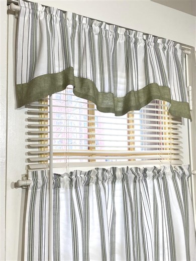SAGE GREEN Kitchen Window Valance or Cafe Curtains : Green, Black, White Stripe and Sage Green Band - Etsy