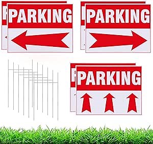 DoubleFill 6 Pcs Parking Signs with Metal H Stake 16 x 12 Inches Event Parking Sign for Outside with Directional Arrows Corrugated Plastic Waterproof Directional Signs for Outdoor Yard Wedding(Red)
