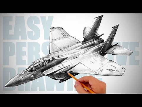 How to draw jet fighter aircraft (F-15) - Easy Perspective Drawing 37