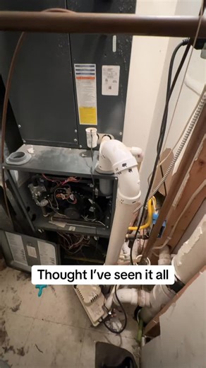 Onon Simonson on Instagram: "I know you can run the exhaust down into a Tee with a drain hose and then vent out, but I’ve NEVER seen an exhaust with a 180 on it 😭😂 surprisingly it was pulling 1.45 in w/c out of the Inducer motor and running for YEARS. #bluecollar #hvac #hvacinstall #unionmoney #hvactechtips #skilledtrades #learnonig #hvacgorilla #hvactech #hvactechnician"
