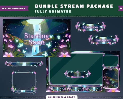 Floral Waterfall Animated Stream Overlay Package for Twitch Bundle, Pink Floral Stream Package, Forest, Butterfly, Watery, Webcam Stream - Etsy
