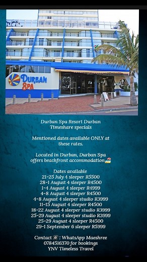 Durban Spa Resort Durban Timeshare specials Beach front hotel with heated pools🏖️ Mentioned dates available ONLY at these rates. Located in Durban, Durban Spa offers beachfront accommodation🏖️ The resort will provide guests with air-conditioned rooms offering a wardrobe, a kettle, a dishwasher, a microwave, a safety deposit box, a flat-screen TV and a private bathroom with a bath or shower. At Durban Spa every room has bed linen and towels. Restaurants🍴 Spur 1 min (50 m) Lingela 1 min (100 m)
