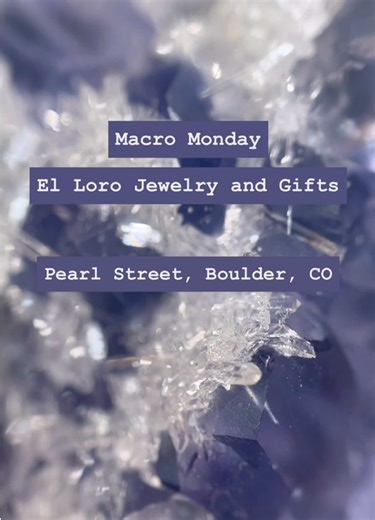 El Loro Jewelry & Gifts on Pearl Street in Boulder, CO _______________________________________________ First, a beautiful specimen of the recently discovered “Tanzanite” Fluorite from Fujian, China. These Fluorites feature a deep blue-violet coloration and dodecahedral habit, both of which are uncommon for Fluorite. With the Fluorite are hundreds of tiny, crystal-clear Quartz crystals. Second, red-fluorescent Fluorite with large Pyrite inclusions from Durango, Mexico. This Fluorite is also uniqu