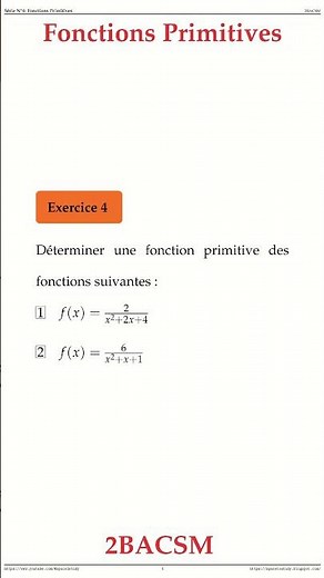 Exercice 4 Fonctions Primitives 2BACSM Maths space2study M2BSMS4v11 #maths