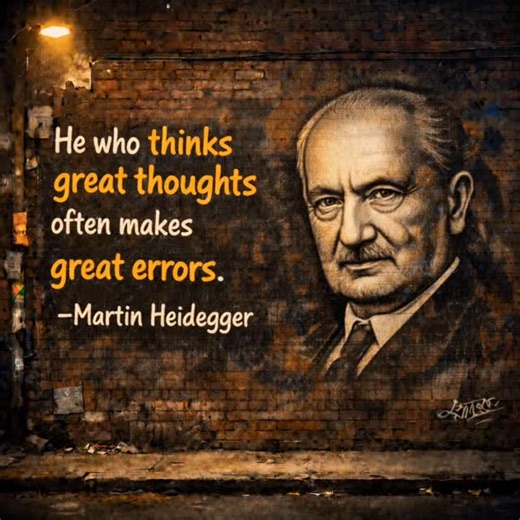 Quotes on Instagram: "This quote by Martin Heidegger, “He who thinks great thoughts, often makes great errors,” reflects a sober truth about ambition in thinking. Heidegger reminds us that deep, original thought always carries risk. Those who dare to think beyond conventions inevitably stumble, because exploring the unknown means moving without guarantees. Small minds make small mistakes; great minds, reaching further, make larger ones. Error is not a sign of failure here, but a consequence of i