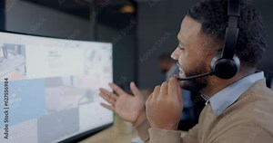 Call center, computer screen and man, agent or consultant communication, e commerce help and technical support. Website, information and person with virtual online chat, talk or contact us on desktop