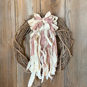 Rag Wreath Bow - Red, Beige, & Muslin - Grain Sack Bow - Wedding Farmhouse House Bow - Shabby Chic Bow - Rag Garland Bow - Christmas Rag Bow - Etsy