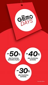 21K views · 91 reactions |  Gémo days : jusqu'à -50%, dès maintenant chez Gémo ! ️✨ Retrouvez toutes les bonnes affaires en magasin et sur notre site gemo.fr !  Chaussures, vêtements, accessoires… Il y en a pour toute la famille, à prix tout doux  | Gémo | Facebook