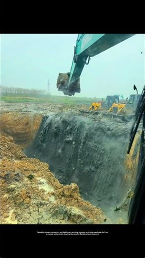 Dredging Mud and Silt in a Wetland Pit With Excavators and Bulldozers