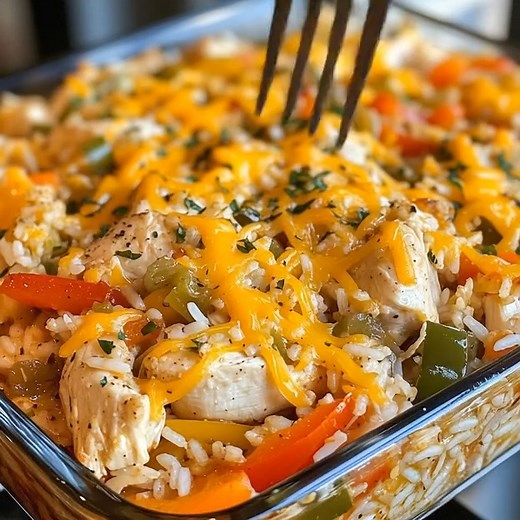 Cheesy Chicken and Rice Fajita Bake I made this Cheesy Chicken and Rice Fajita Bake for a family dinner last night and everyone couldn't stop raving about it! My husband said it was the best fajita bake he's ever had, and my kids even asked for seconds. It was such a joy to see everyone enjoying it — truly a memorable family meal. Ingredients: 1 lb chicken breast, diced 1 cup uncooked rice (white or jasmine) 1 red bell pepper, sliced 1 green bell pepper, sliced 1 yellow bell pepper, sliced 1 med