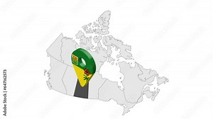 Location Saskatchewan on map Canada. 3d Saskatchewan flag map marker location pin. Map of Canada showing different parts. Animated map Provinces of Canada. 4K. Video
