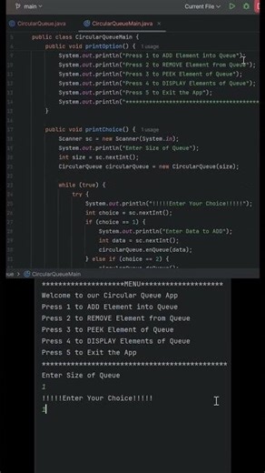 CircularQueueMain.java || Circular Queue in Java | Main Class + Console Output 🚀
